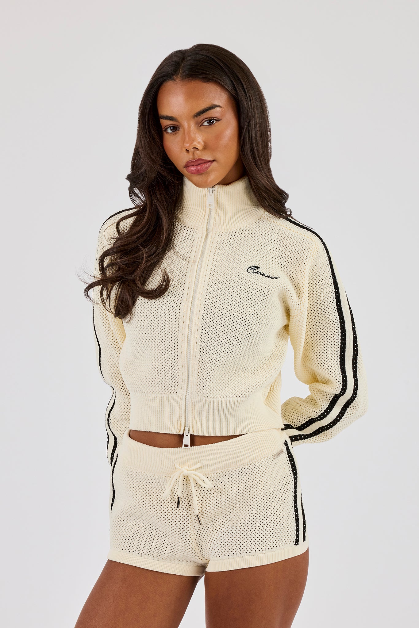 Knitted Taping Funnel Neck Track Jacket - Off White