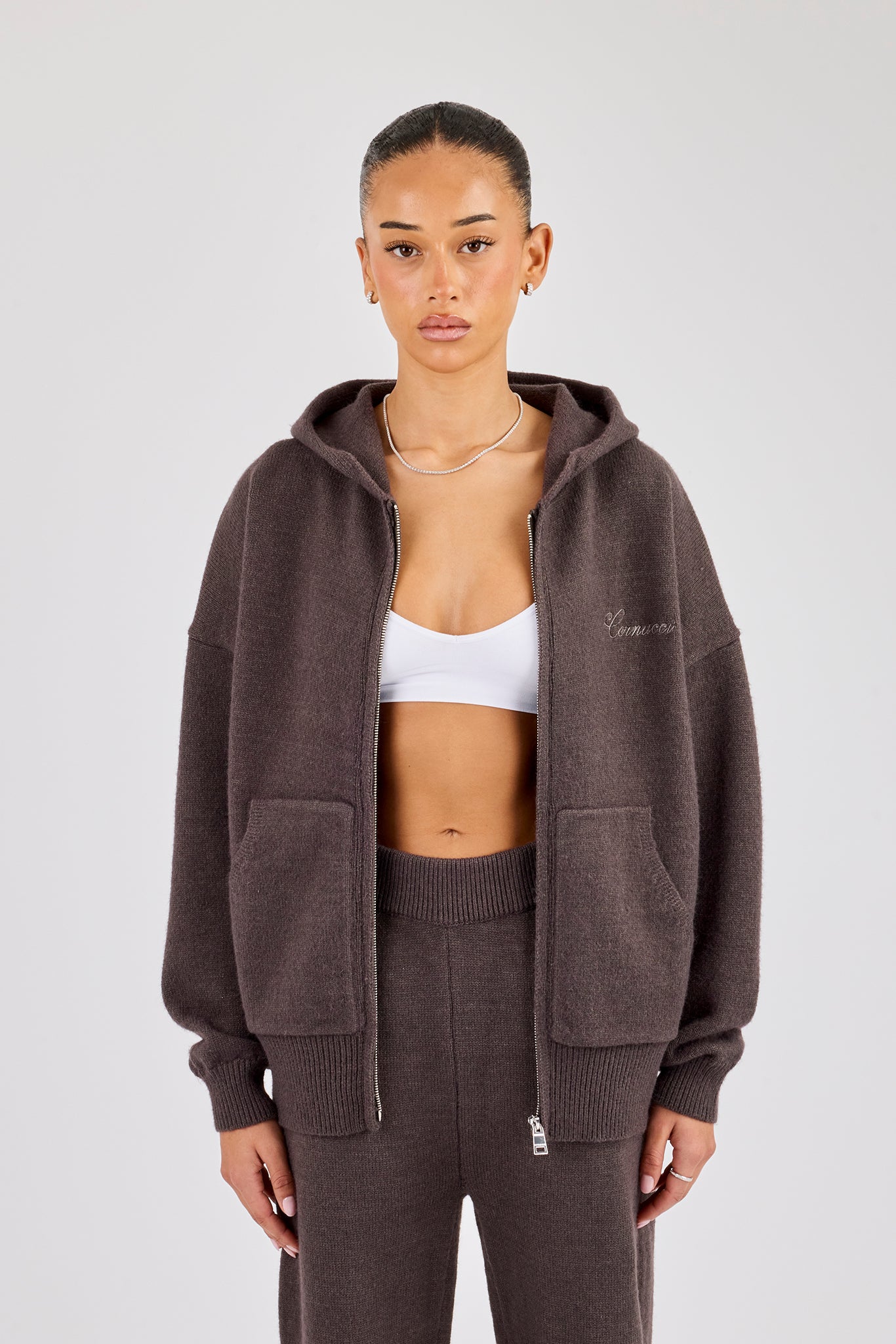 Knitted Cernucci Back Detail Zip Hoodie - Charcoal | Womens