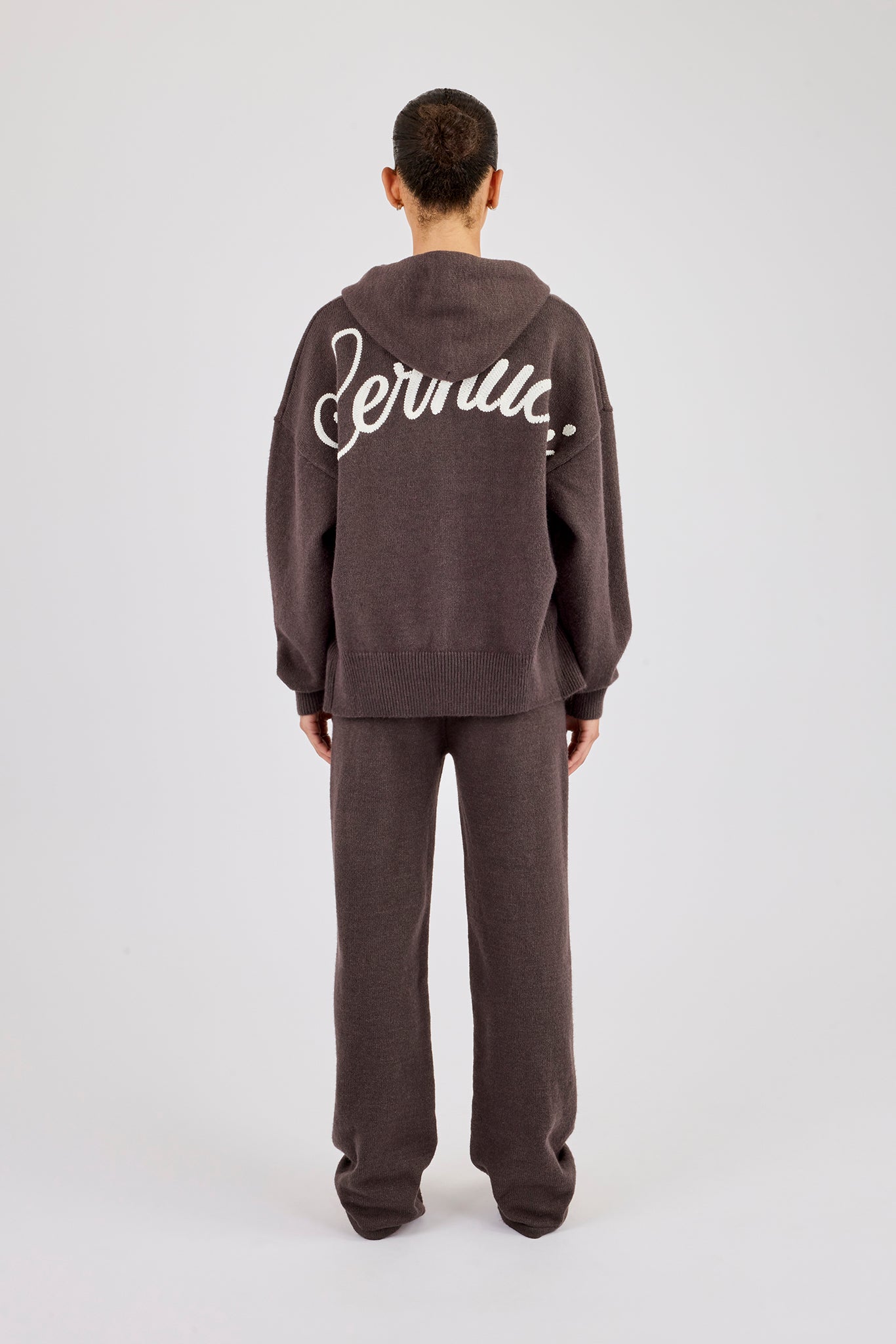 Knitted Cernucci Back Detail Zip Hoodie & Wide Leg Jogger - Brown