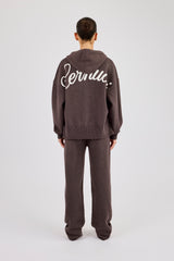 Knitted Cernucci Back Detail Zip Hoodie & Wide Leg Jogger - Brown