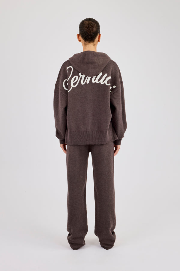Knitted Cernucci Back Detail Zip Hoodie & Wide Leg Jogger - Brown