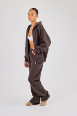 Knitted Cernucci Back Detail Zip Hoodie & Wide Leg Jogger - Brown
