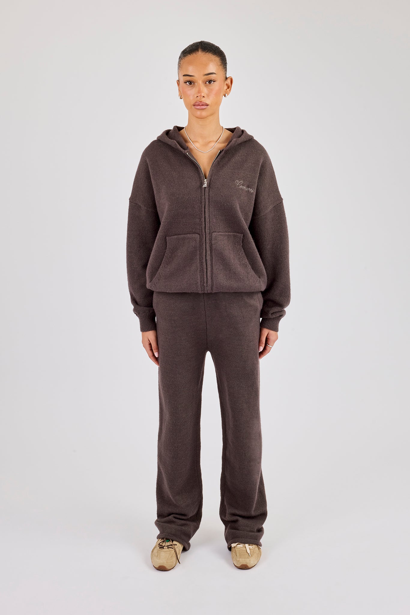 Knitted Cernucci Back Detail Zip Hoodie & Wide Leg Jogger - Brown