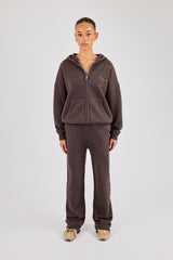 Knitted Cernucci Back Detail Zip Hoodie & Wide Leg Jogger - Brown