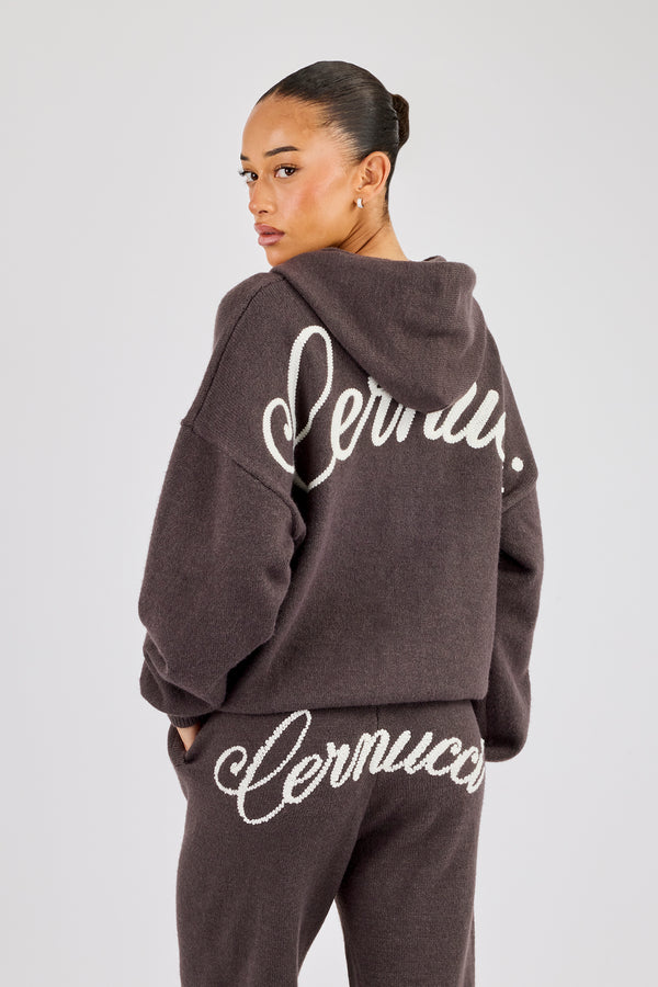 Knitted Cernucci Back Detail Zip Hoodie - Brown