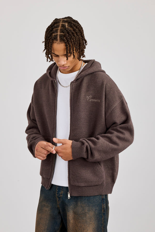 Knitted Cernucci Back Detail Boxy Zip Hoodie - Charcoal
