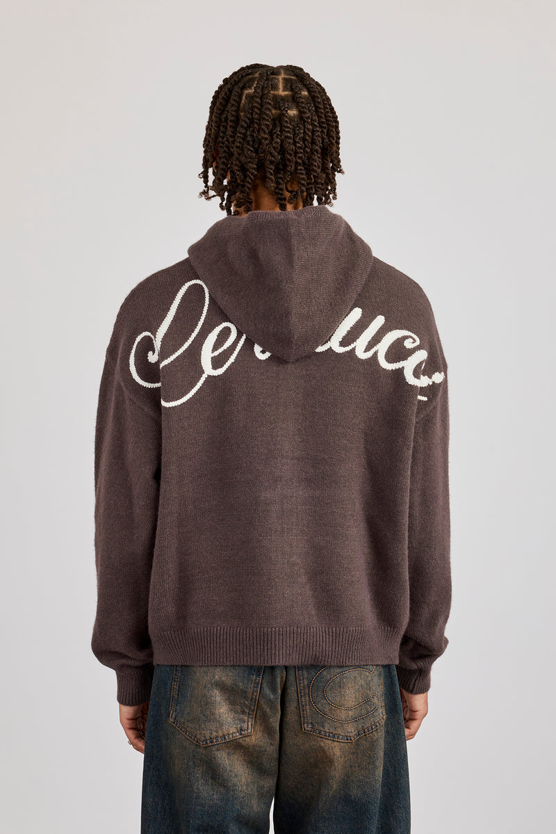 Knitted Cernucci Back Detail Boxy Zip Hoodie - Charcoal