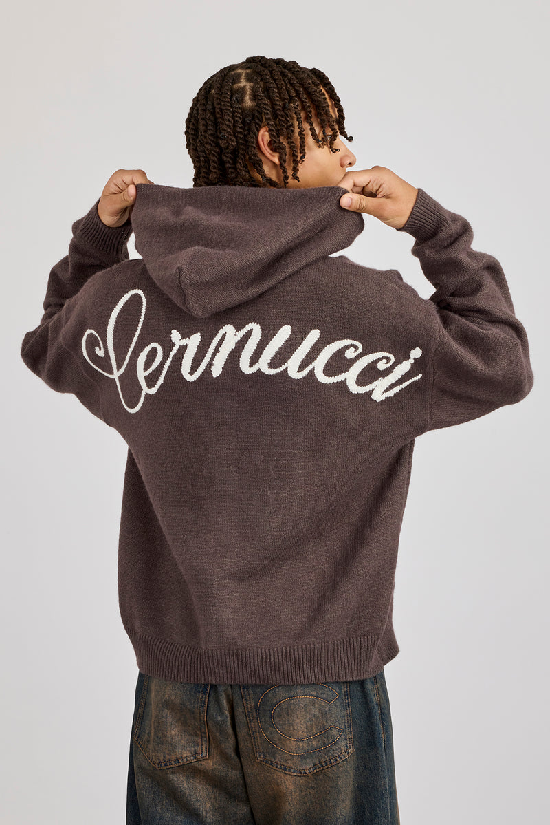 Knitted Cernucci Back Detail Boxy Zip Hoodie - Charcoal