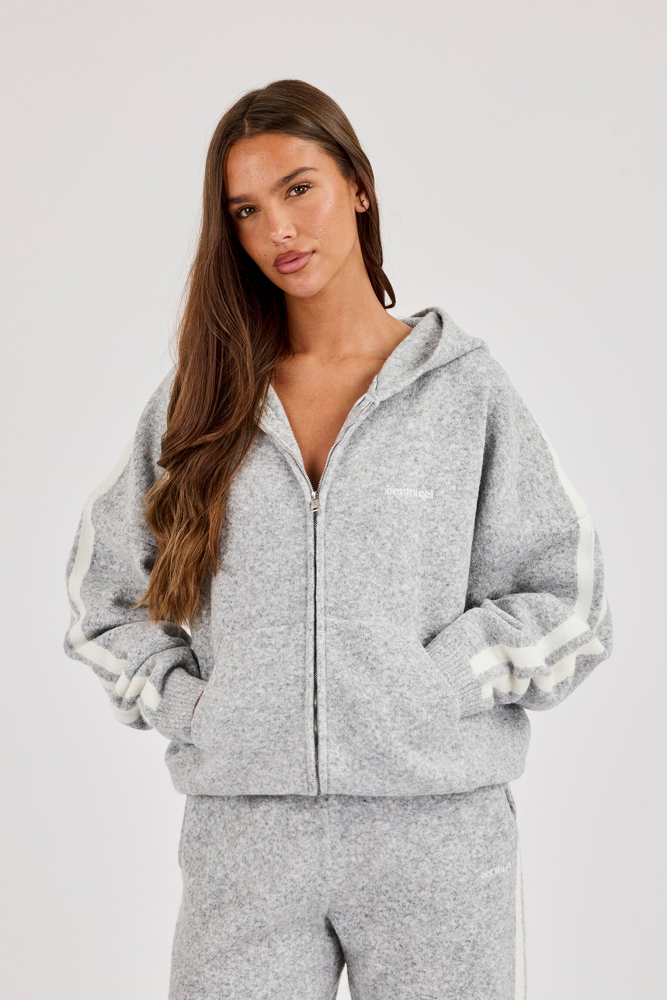 Oversized Knitted Stripe Zip Through - Grey