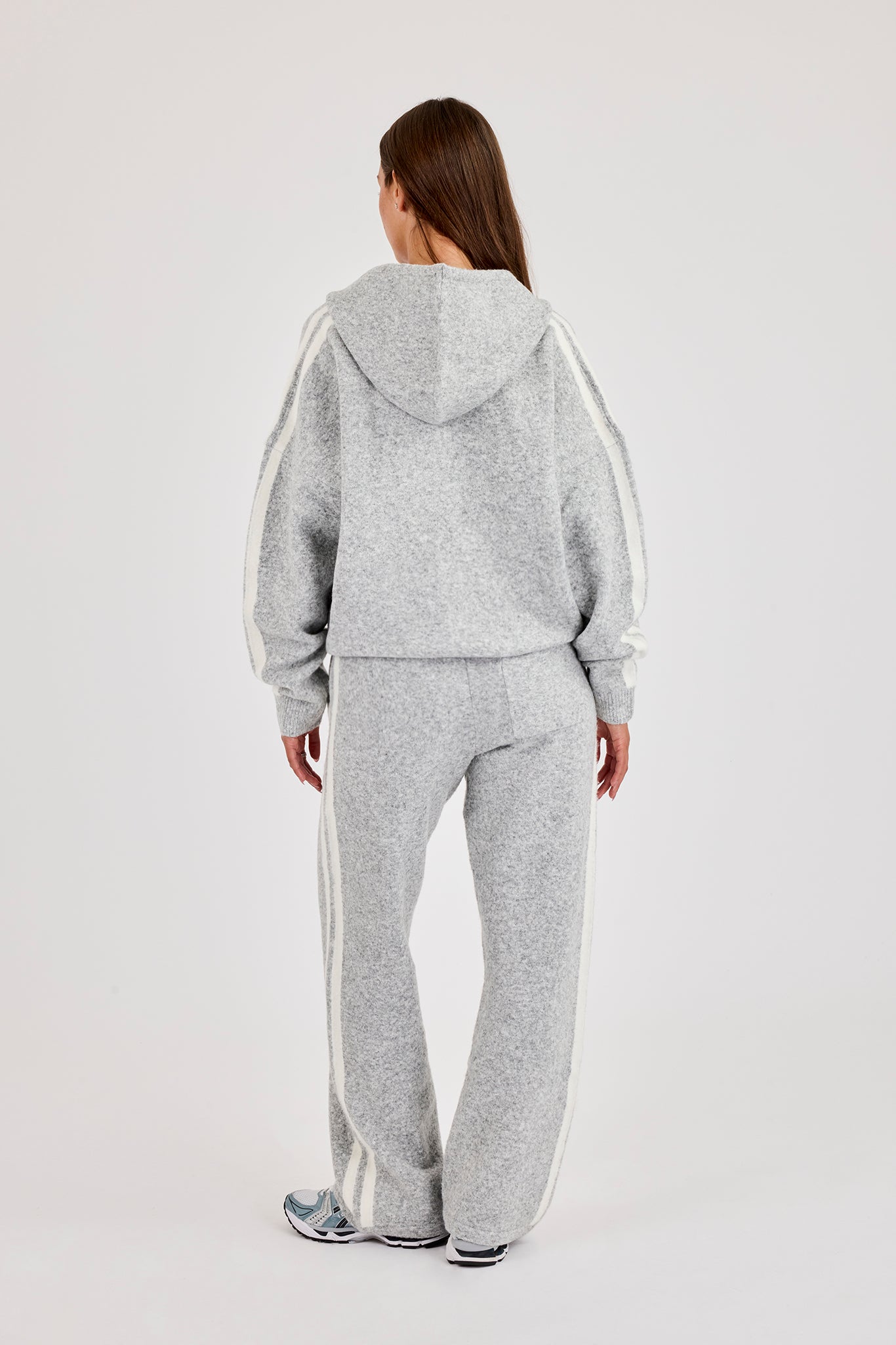 Oversized Knitted Stripe Zip Through & Wide Leg Jogger - Grey