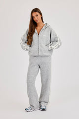 Oversized Knitted Stripe Zip Through & Wide Leg Jogger - Grey