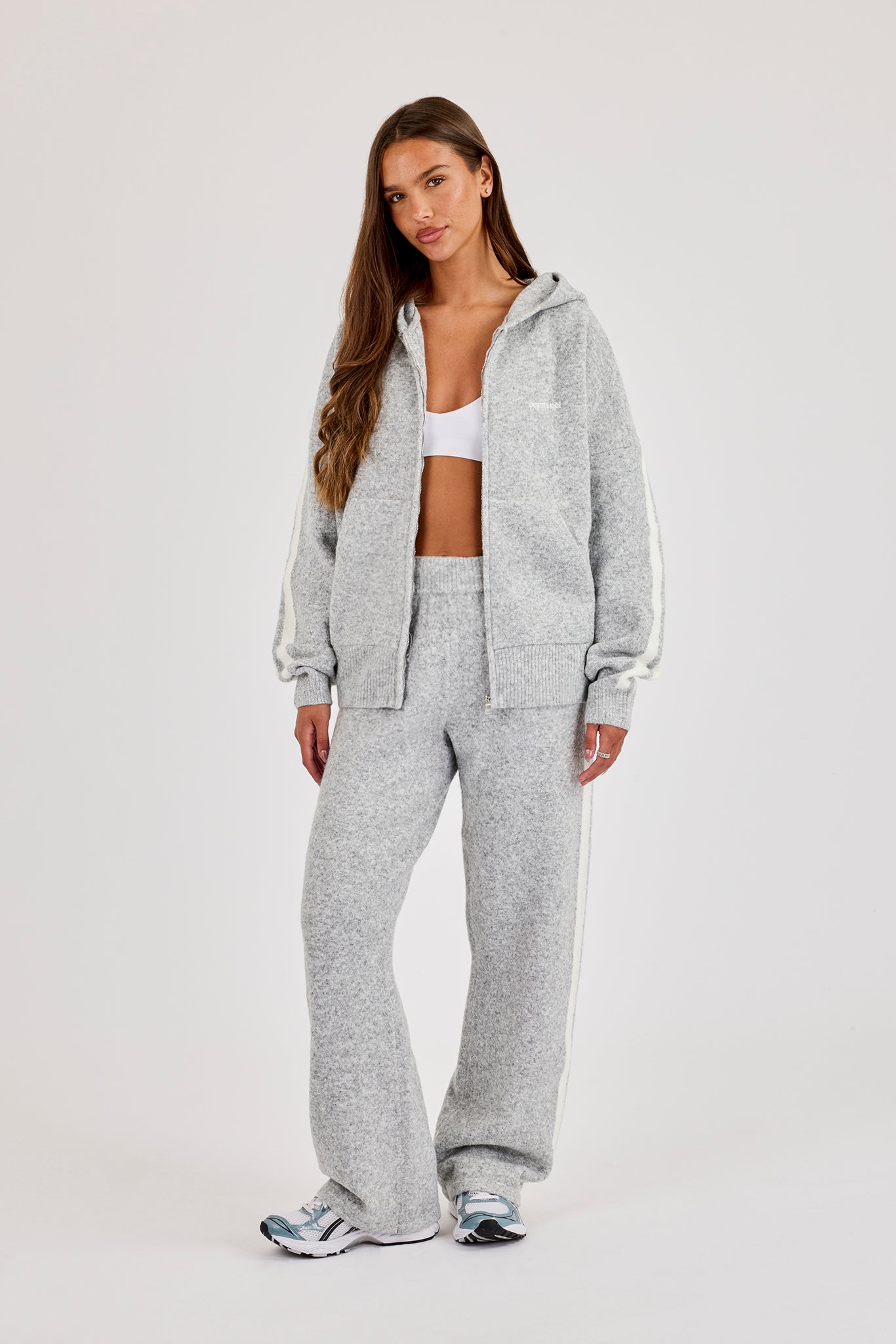 Oversized Knitted Stripe Zip Through - Grey