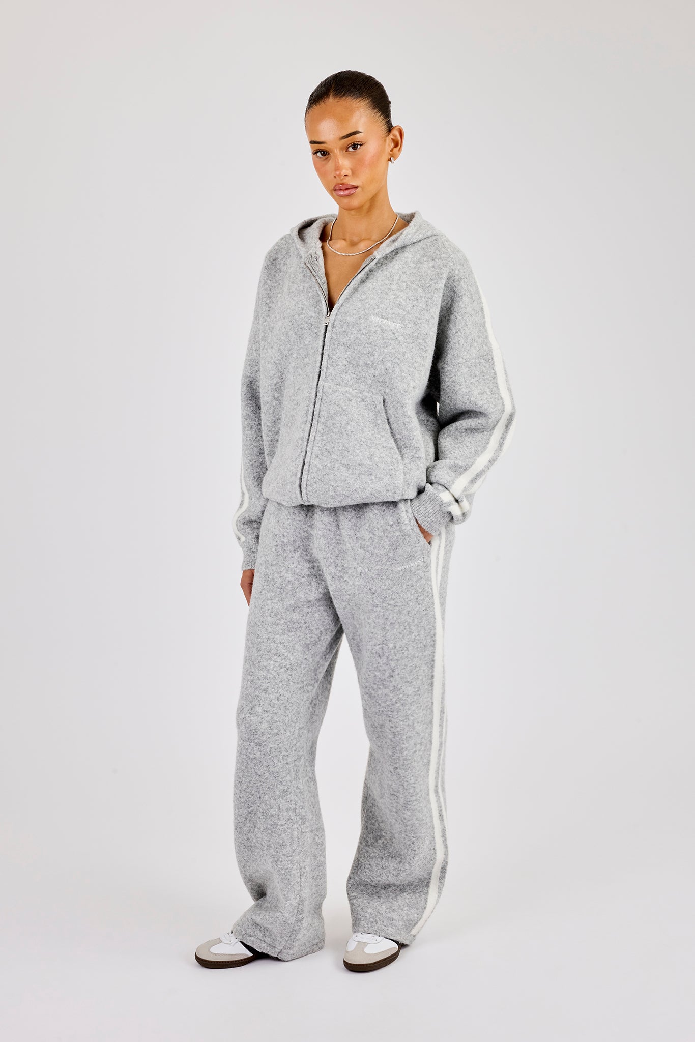 Oversized Knitted Stripe Zip Through & Wide Leg Jogger - Grey