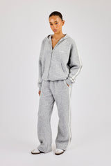 Oversized Knitted Stripe Zip Through & Wide Leg Jogger - Grey
