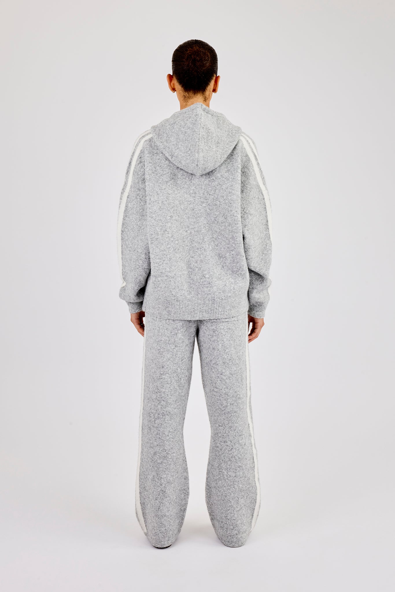 Oversized Knitted Stripe Zip Through & Wide Leg Jogger - Grey