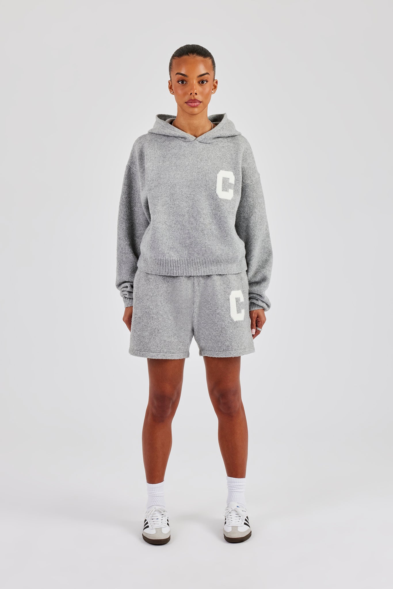 C Knitted Hoodie & Shorts - Grey