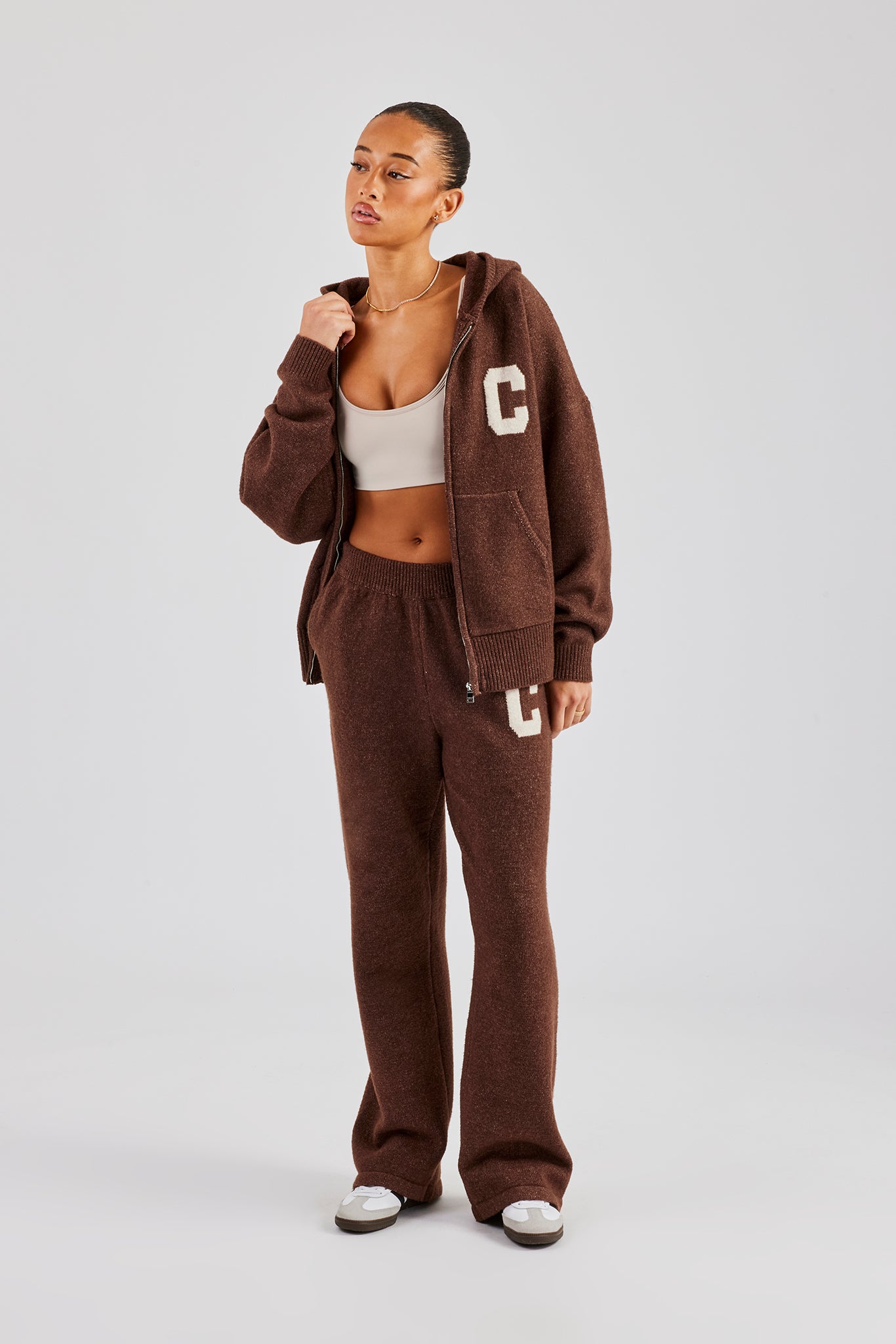 Hooded Zip Through Knitted Jumper - Chocolate | Womens Knitwear