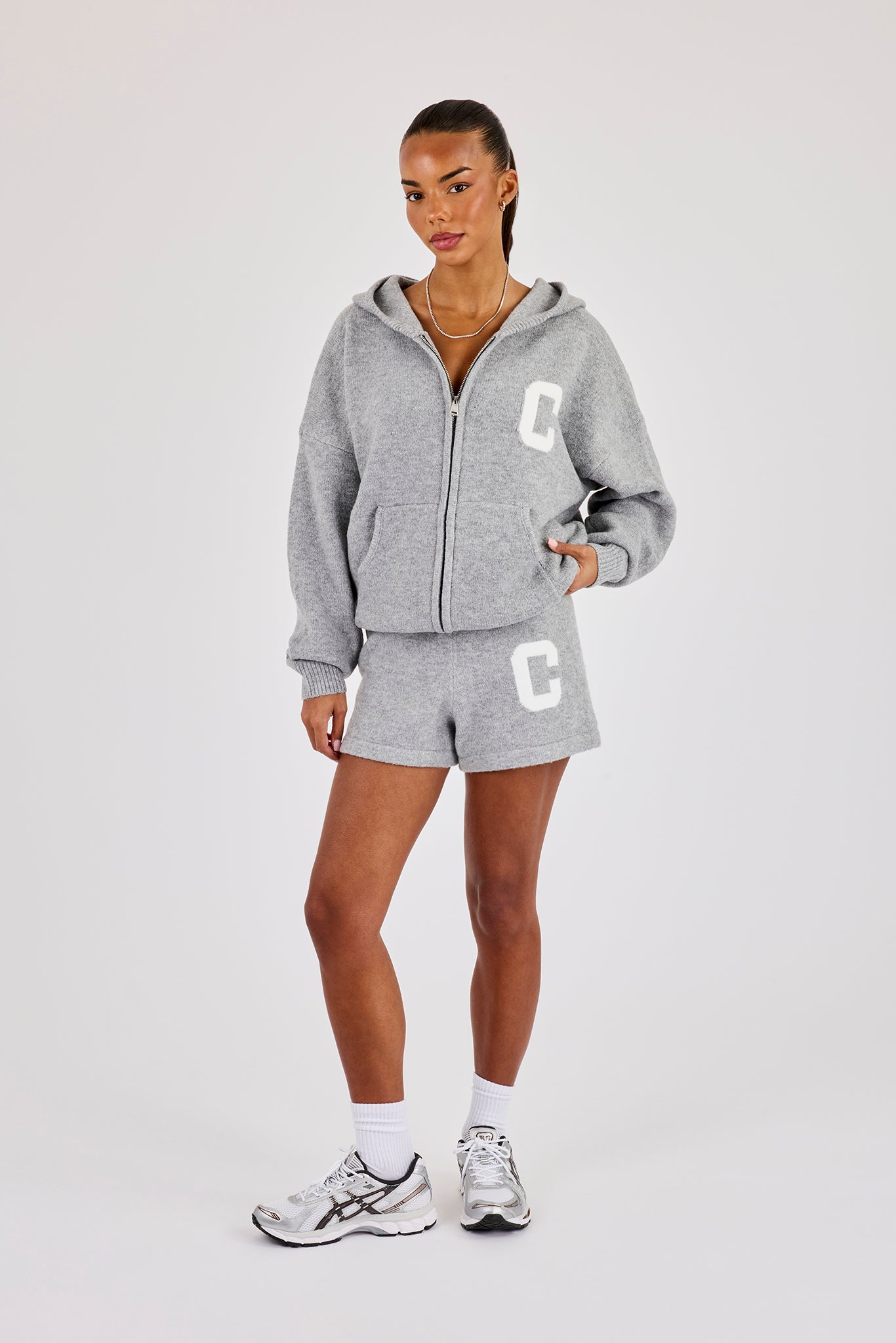 Hooded Zip Through Knitted Hoodie & Short - Grey