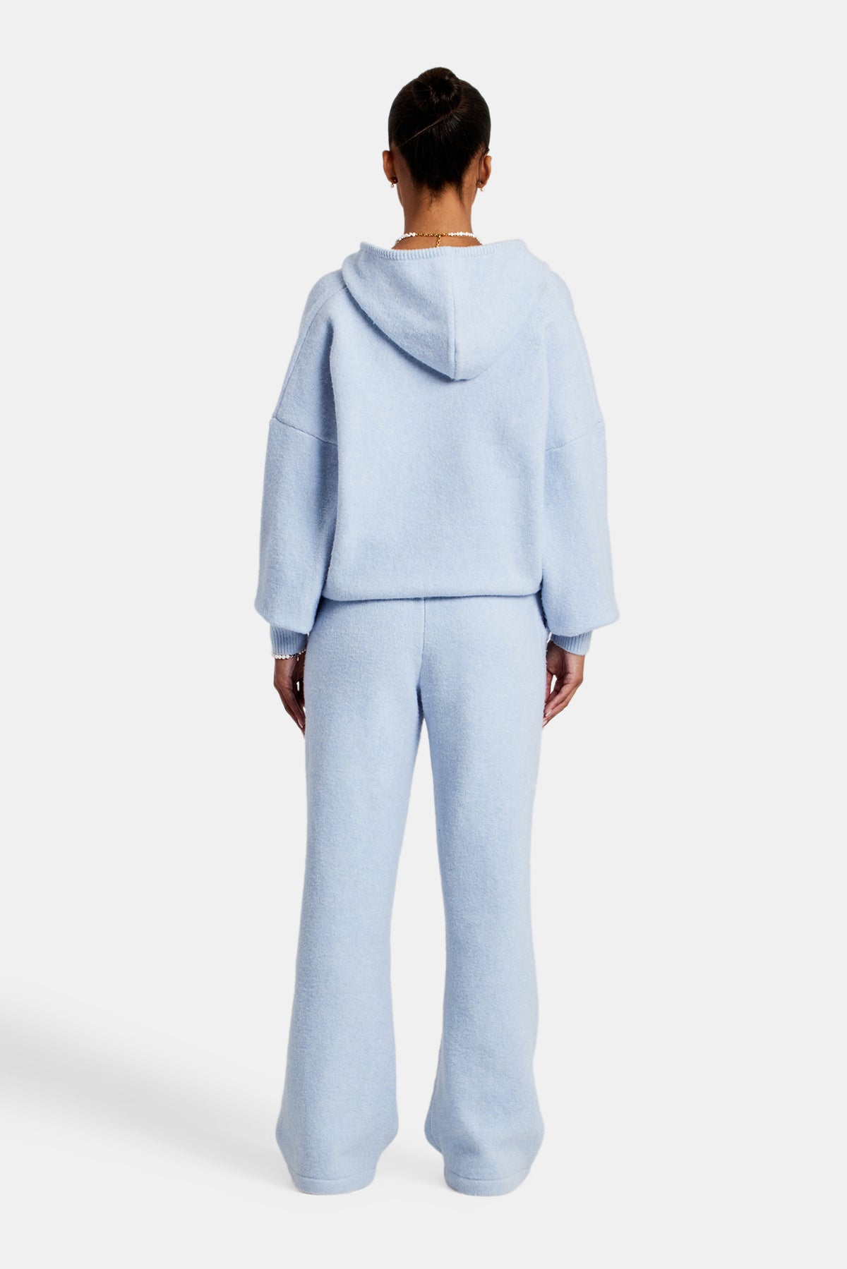 Hooded Zip Through Knitted Tracksuit Light Blue Womens Sets