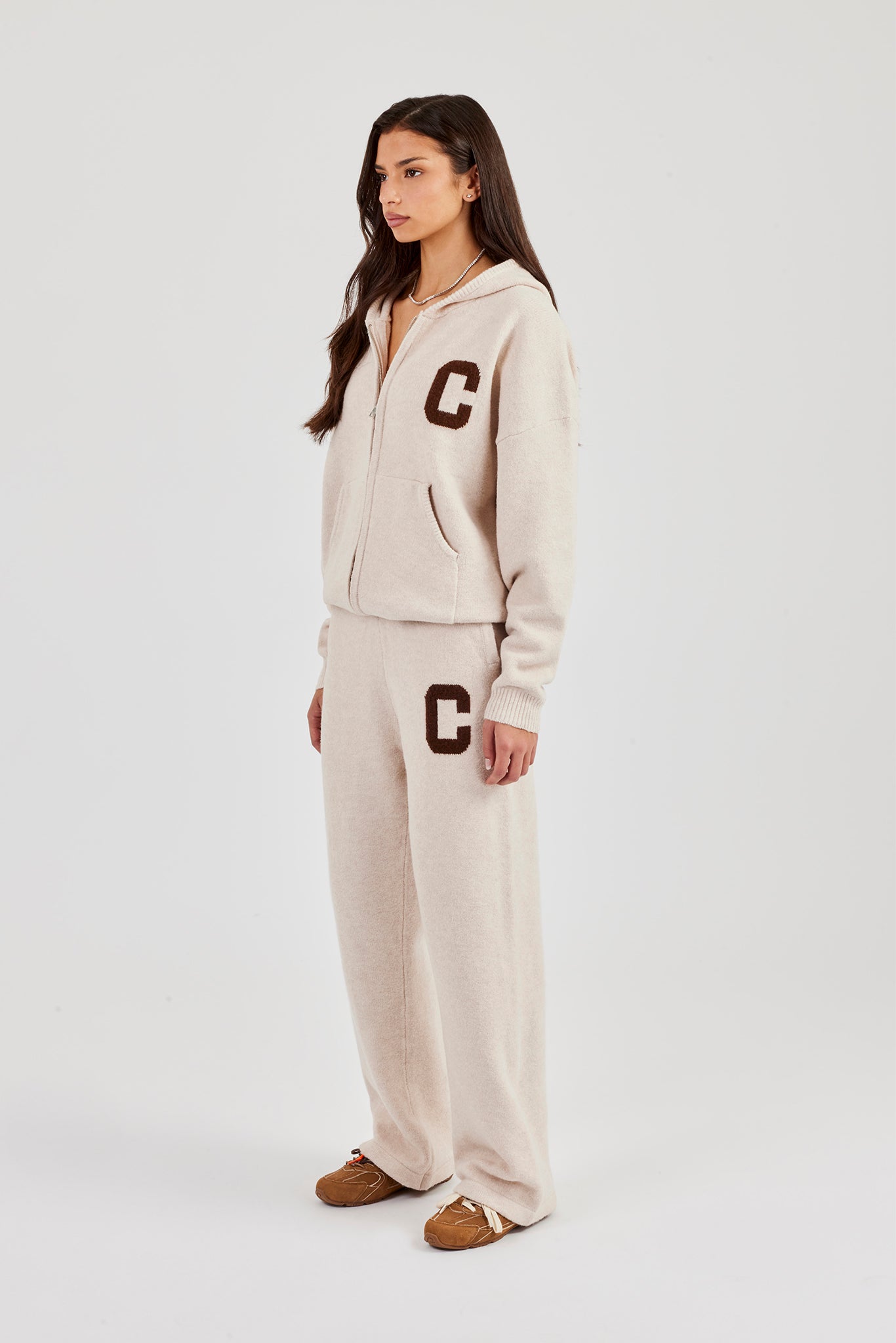 Hooded Zip Through Knitted Tracksuit - Off White