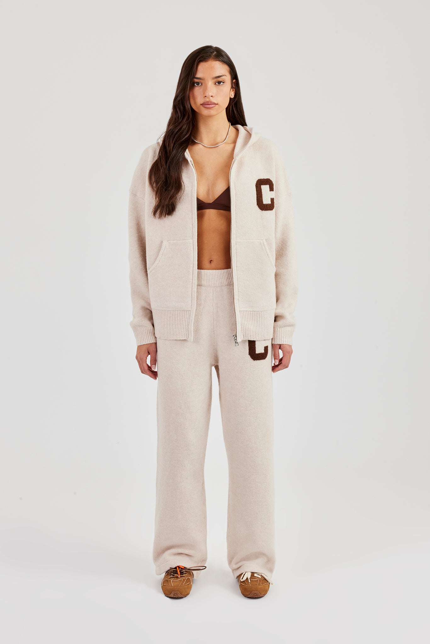 Hooded Zip Through Knitted Tracksuit - Off White