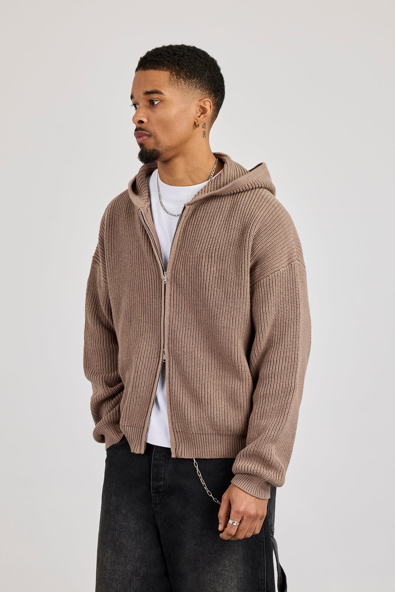Chunky Knitted Zip Through Hoodie - Taupe