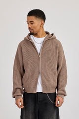 Grobstrick-Kapuzenjacke mit Reißverschluss – Taupe
