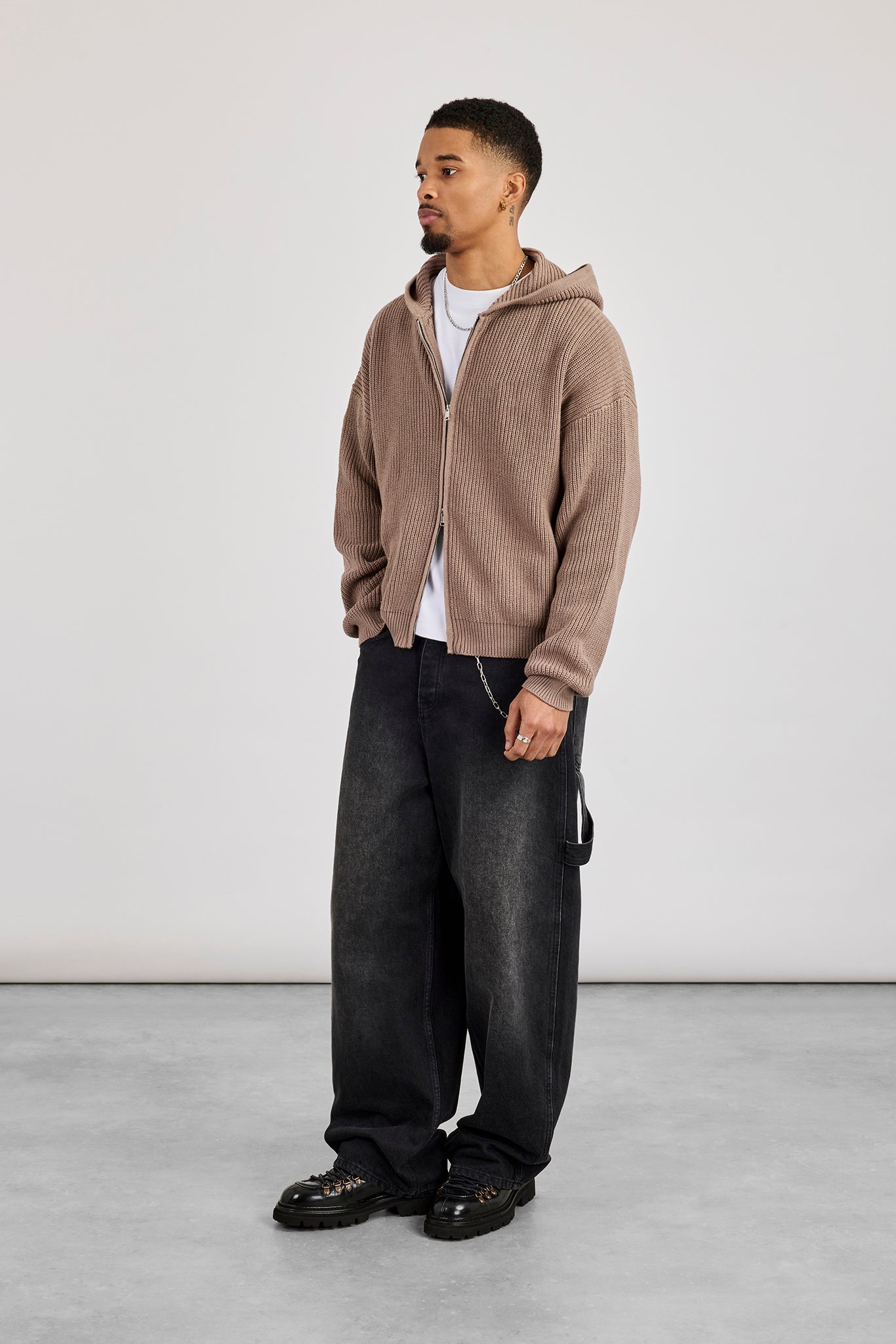 Chunky Knitted Zip Through Hoodie - Taupe