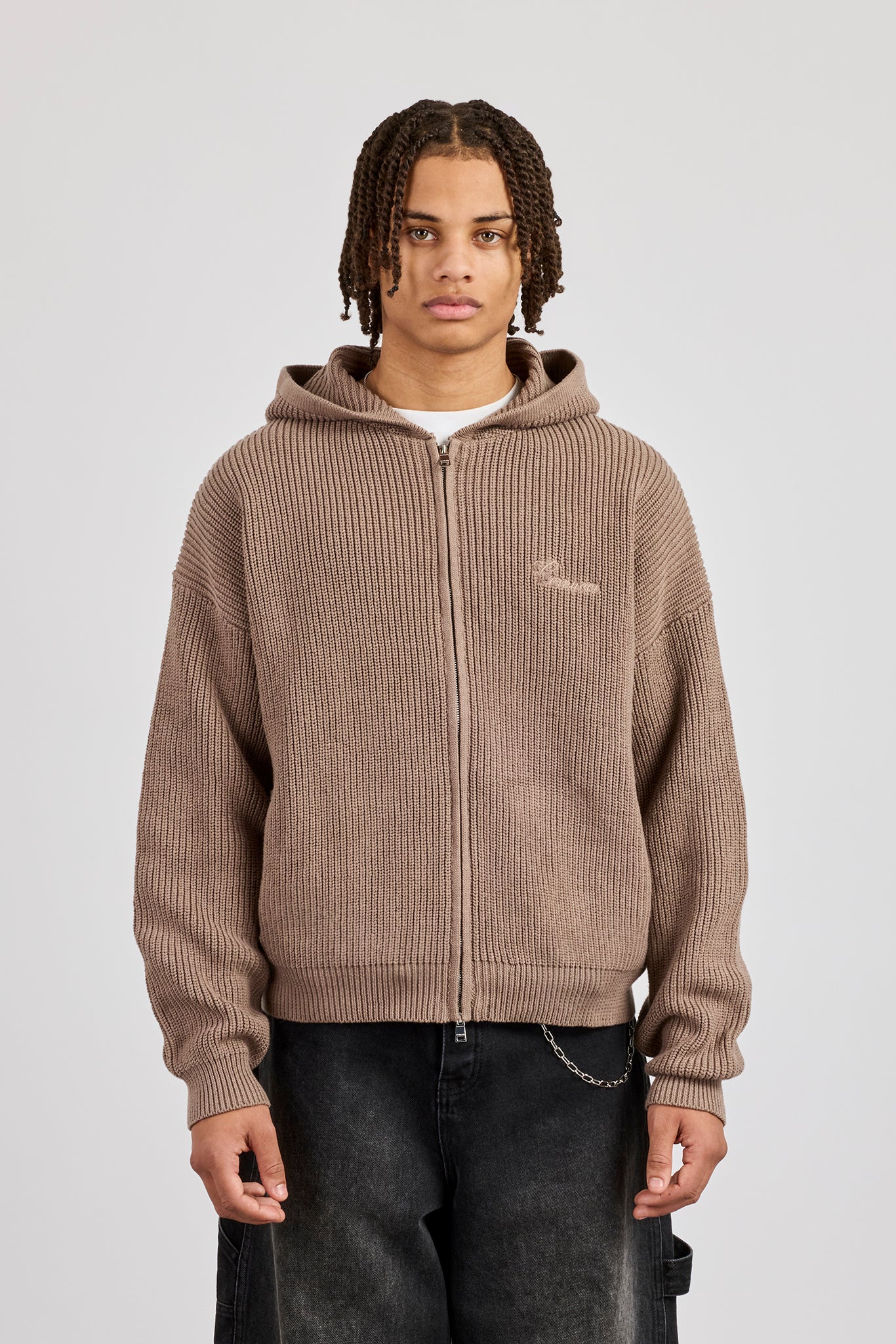 Grobstrick-Kapuzenjacke mit Reißverschluss – Taupe