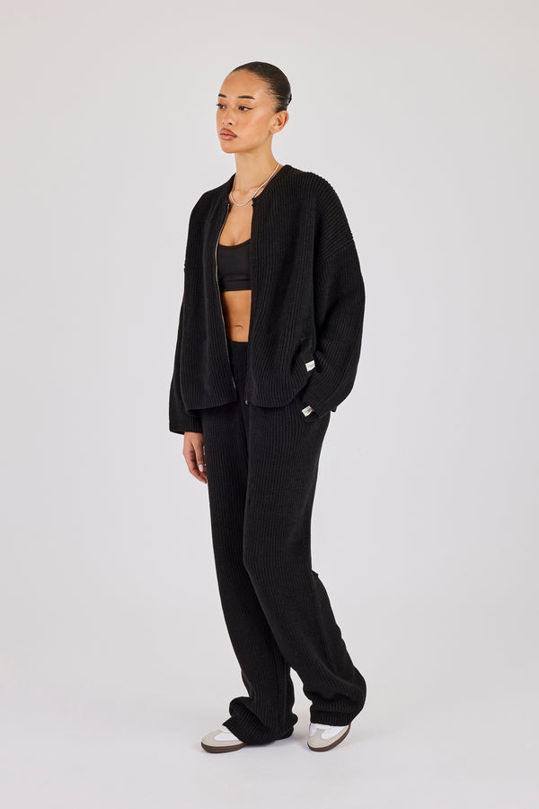 Rib Knit Collarless Bomber & Wide Leg Jogger - Black
