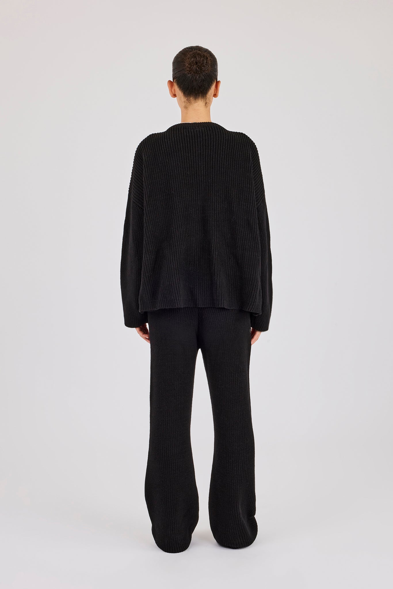 Rib Knit Collarless Bomber & Wide Leg Jogger - Black