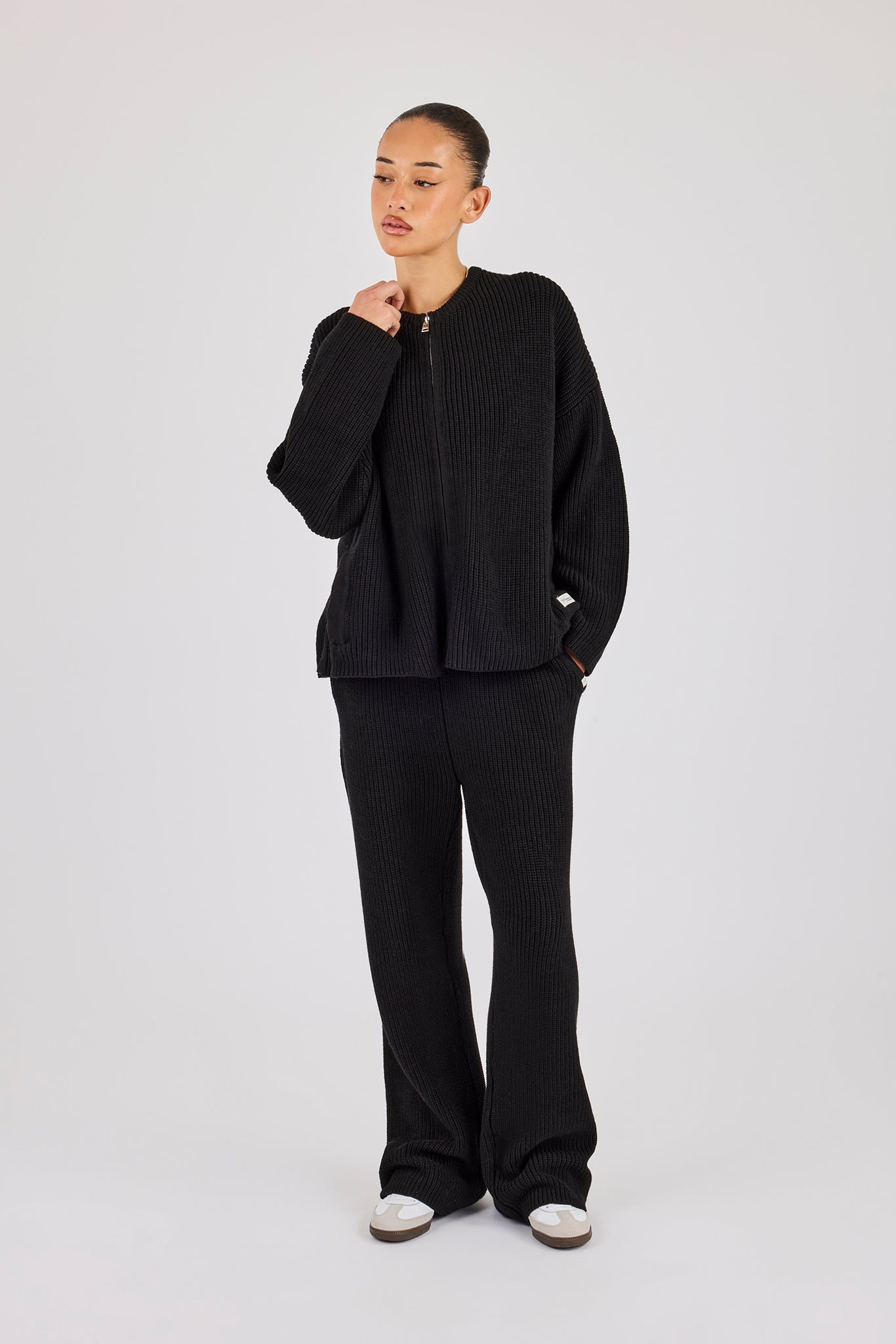 Rib Knit Collarless Bomber & Wide Leg Jogger - Black