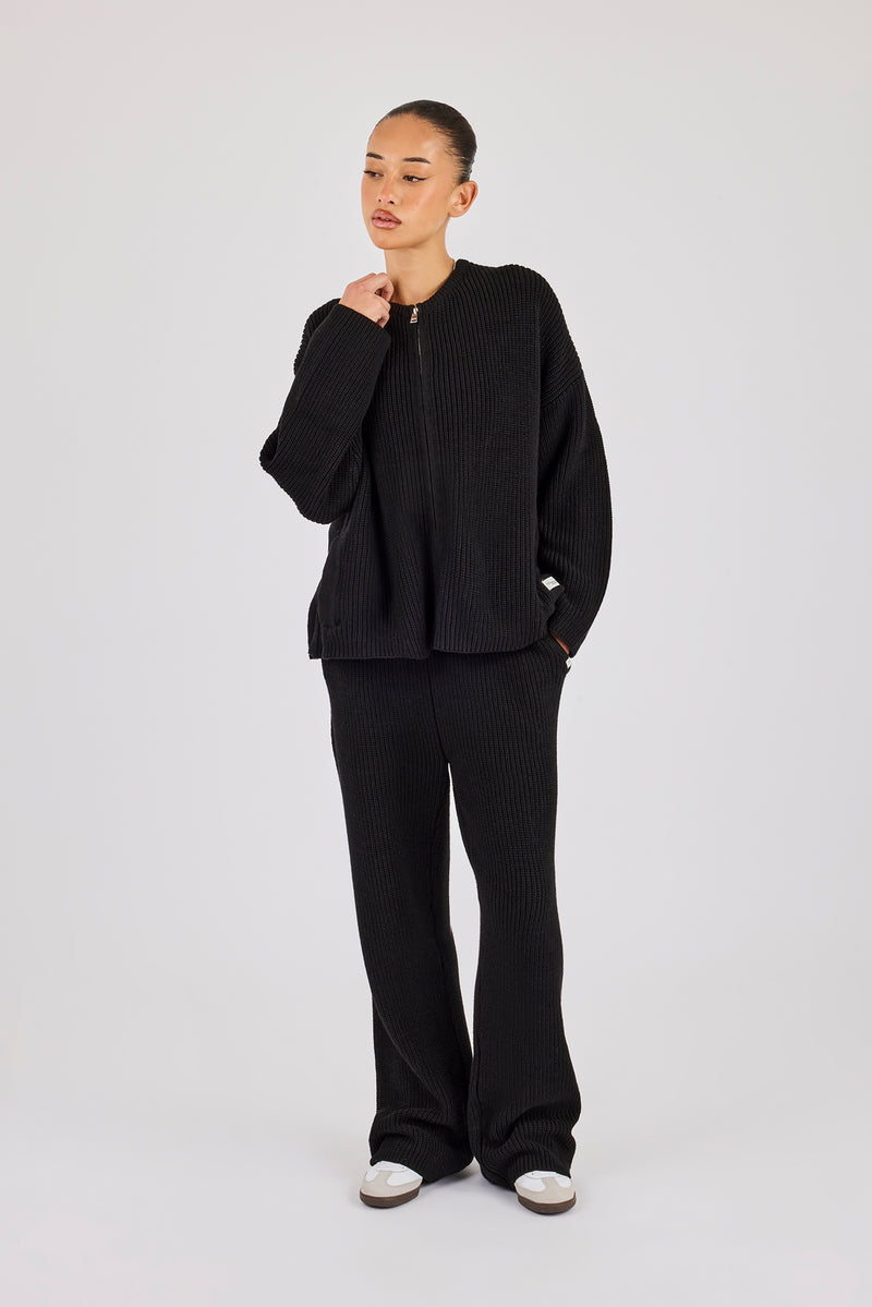 Rib Knit Collarless Bomber & Wide Leg Jogger - Black