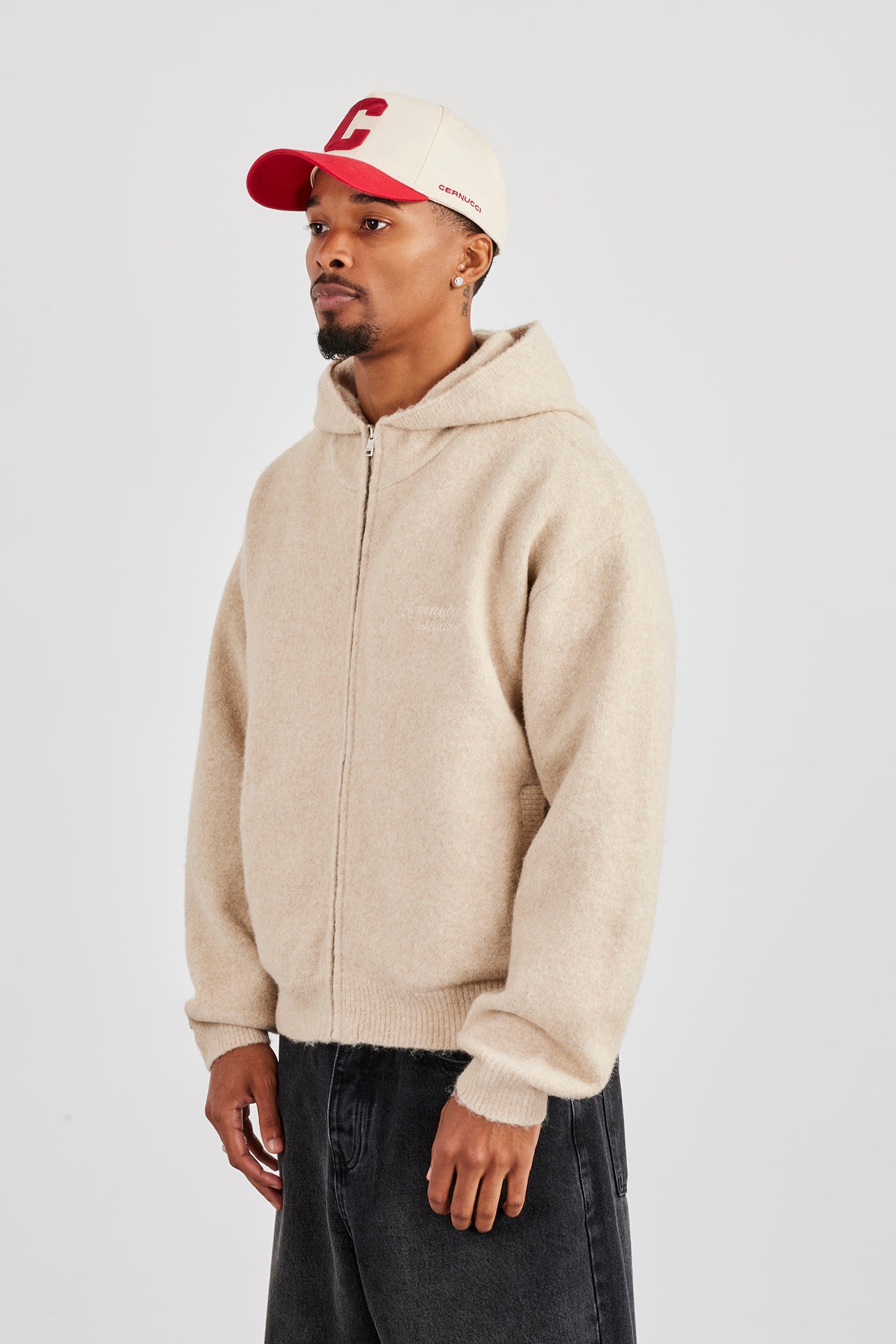 Strickkapuzenpullover mit Reißverschluss – Beige