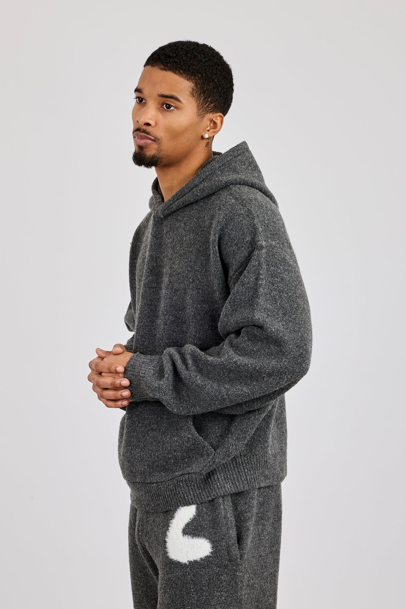 Oversized Knitted Intarsia Hoodie - Charcoal