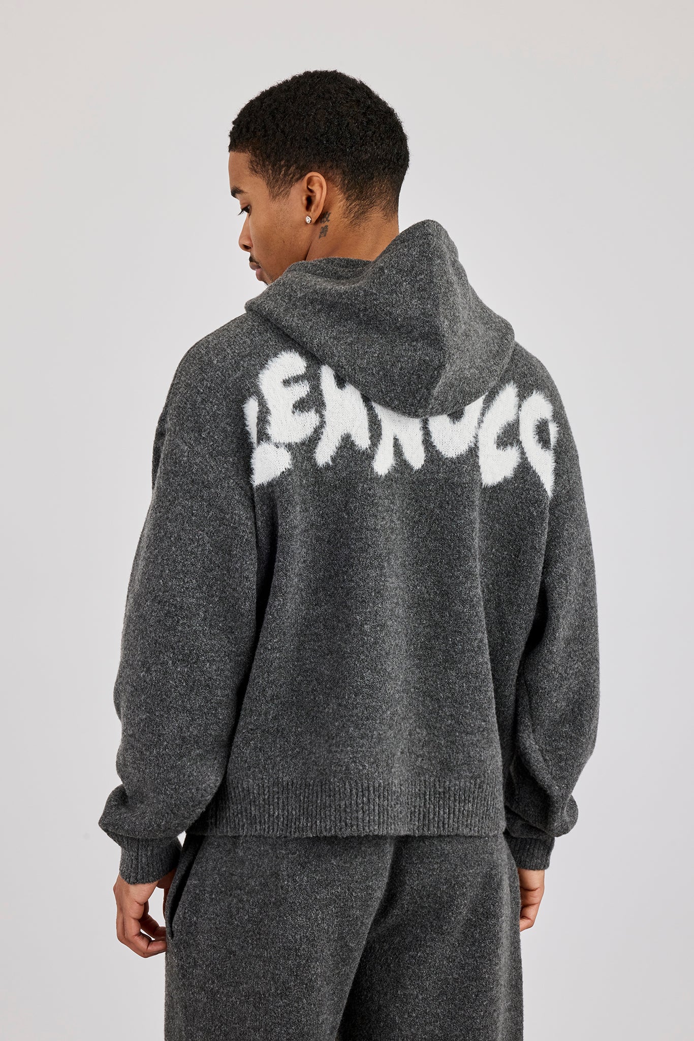 Oversized Knitted Intarsia Hoodie - Charcoal
