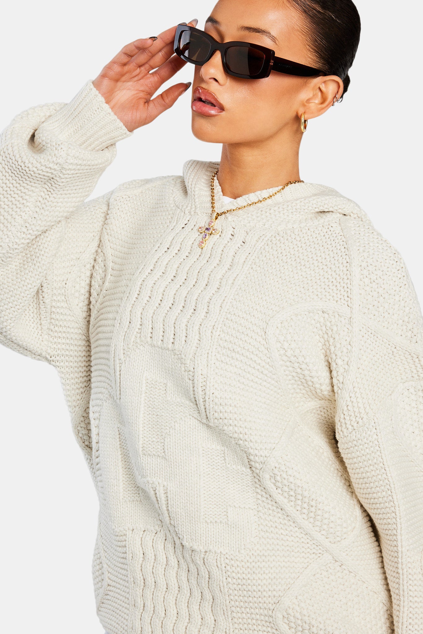 Womens CCC Cable Knit Varsity Hoodie - Ecru | Womens Knitwear