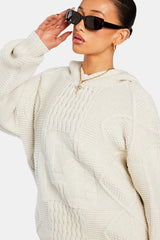 Womens CCC Cable Knit Varsity Hoodie - Ecru