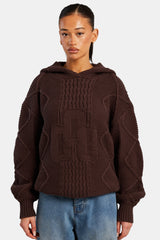 Womens CCC Cable Knit Varsity Hoodie - Chocolate