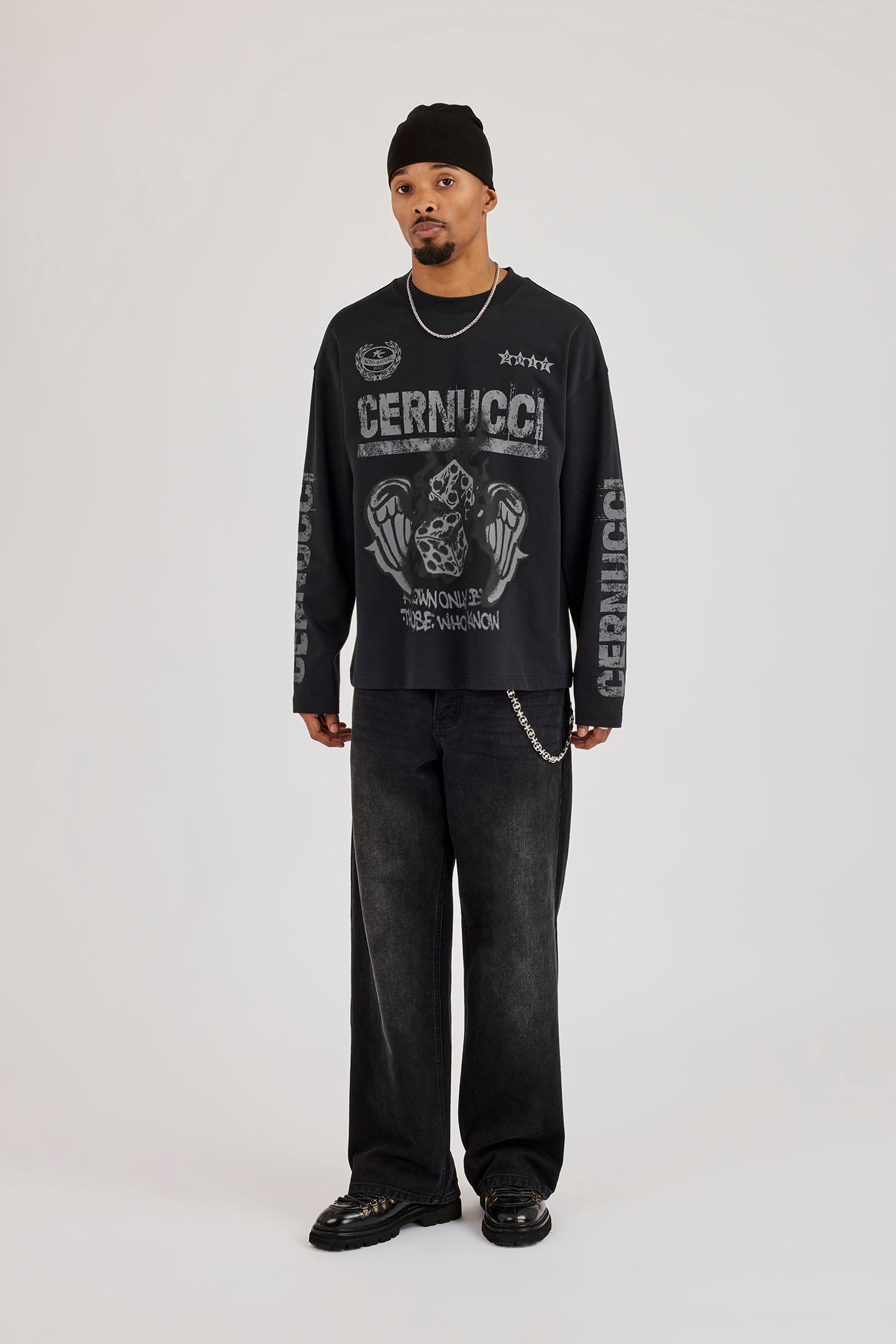 Long Sleeve Dice Graphic T-Shirt - Black
