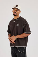 Boxy Contrast Stitch Doodle Back Print T-Shirt - Dark Brown