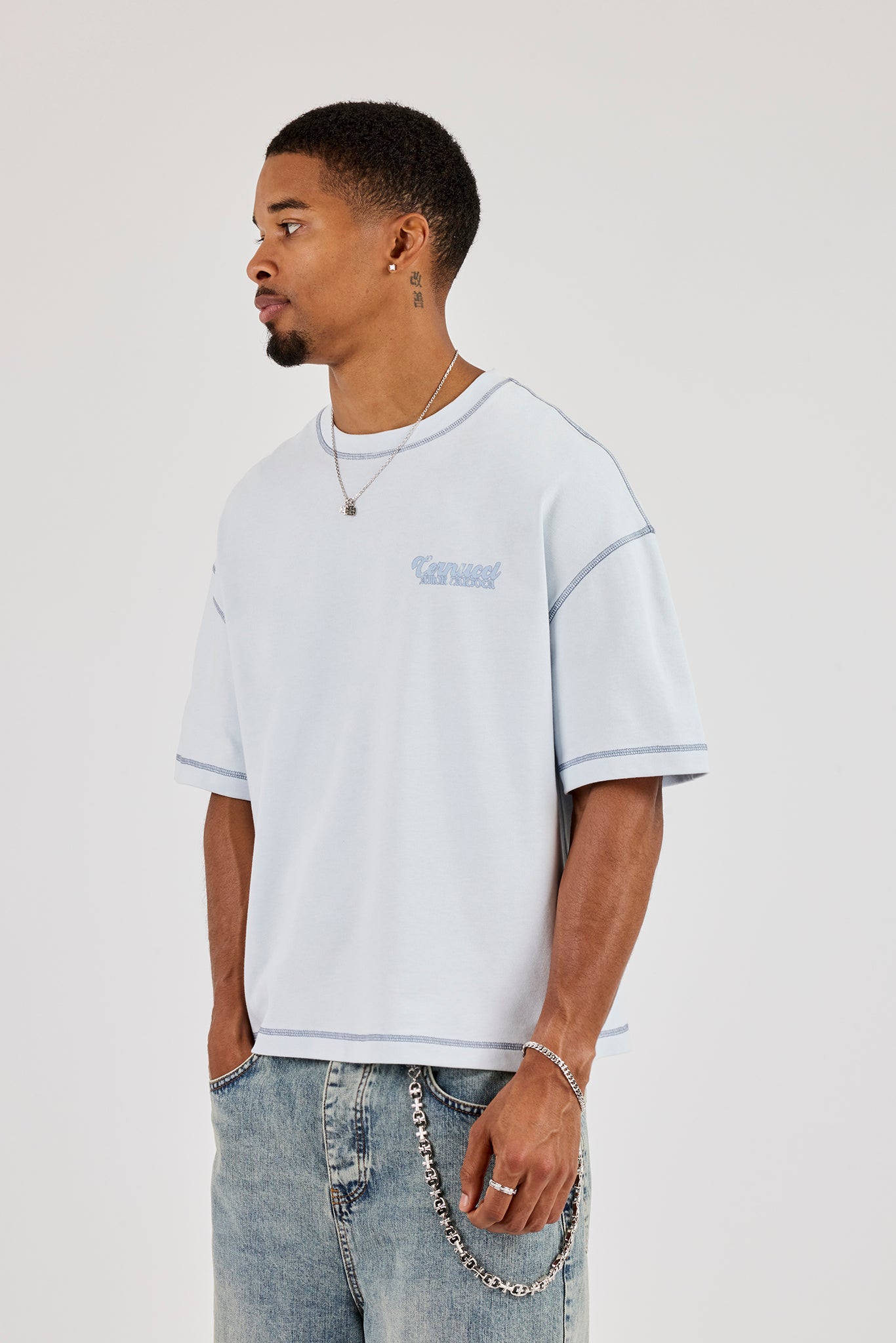 Amor Contrast Stitch Tonal Boxy T-Shirt - Blue | Mens Tees & Vests
