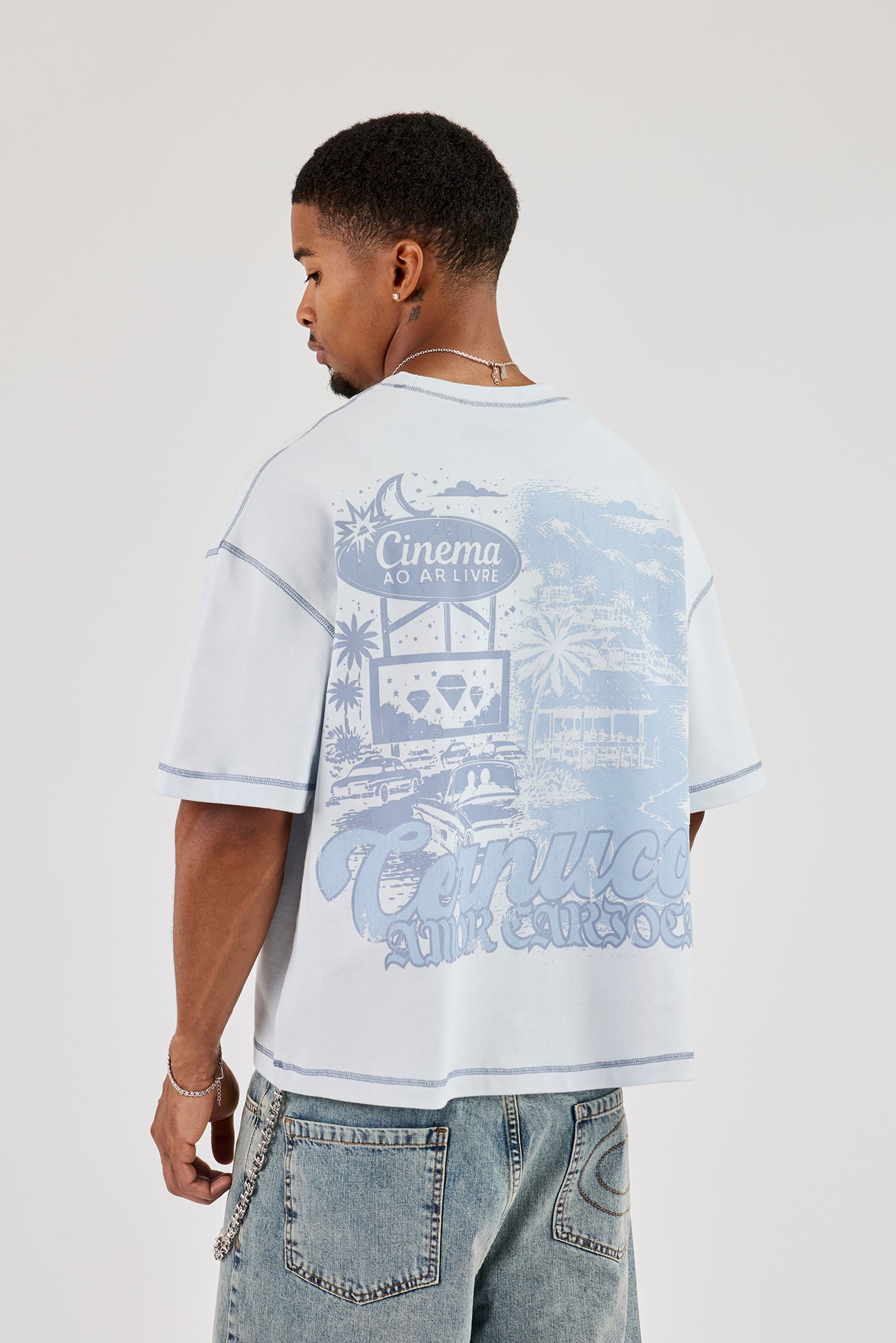 Amor Contrast Stitch Tonal Boxy T-Shirt - Blue