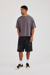 Denim Applique Jort - Washed Black