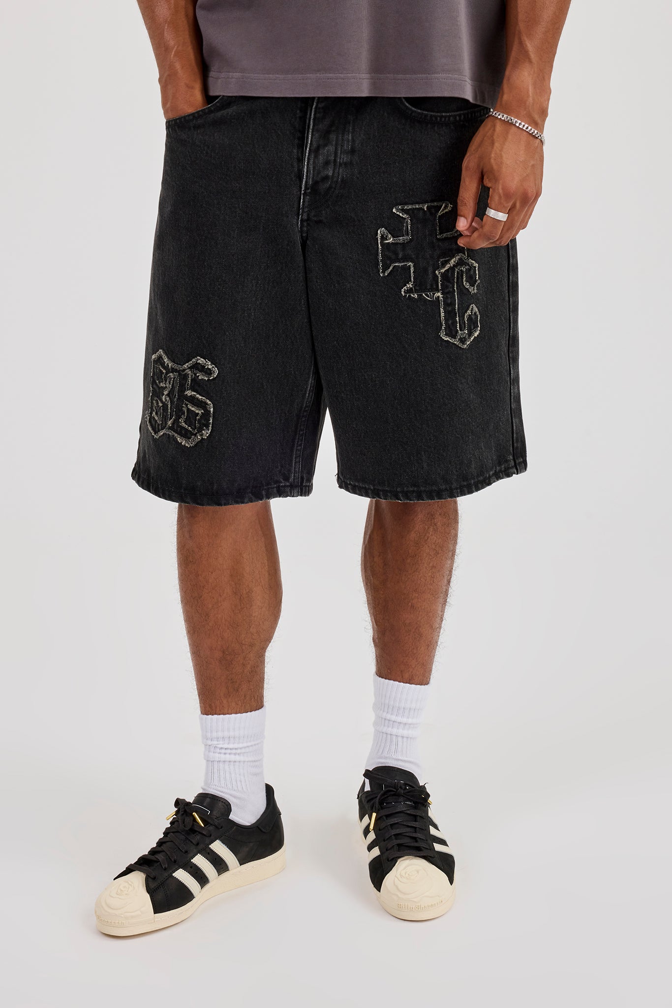 Denim Applique Jort - Washed Black
