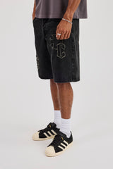 Denim Applique Jort - Washed Black