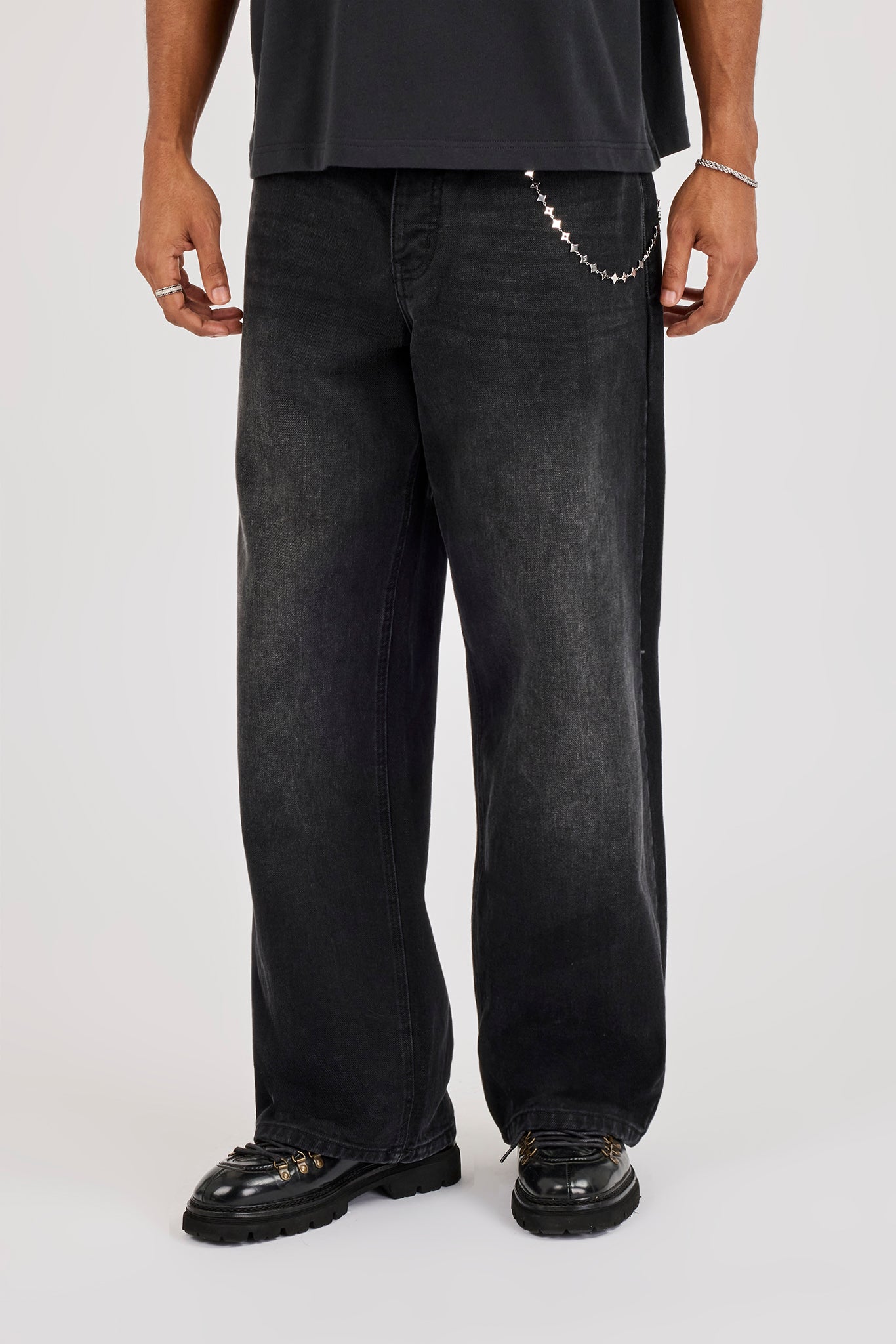 Mens Baggy Jean & 10mm Star Outline Jean Chain - Washed Black