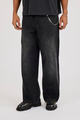 Mens Baggy Jean & 10mm Star Outline Jean Chain - Washed Black