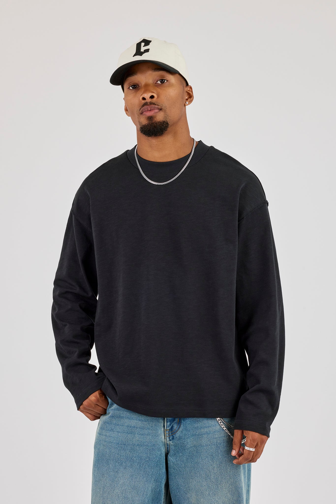 Long Sleeve Seam Detail Slub T-Shirt - Black