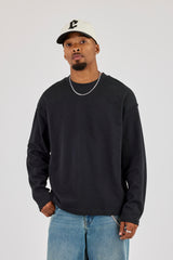 Long Sleeve Seam Detail Slub T-Shirt - Black